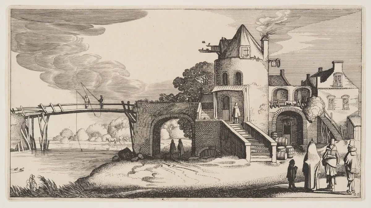 Bridge with a Toll-House, from Landscapes (Playsante Lantschappen) by Claes Jansz. Visscher II, print, 1641