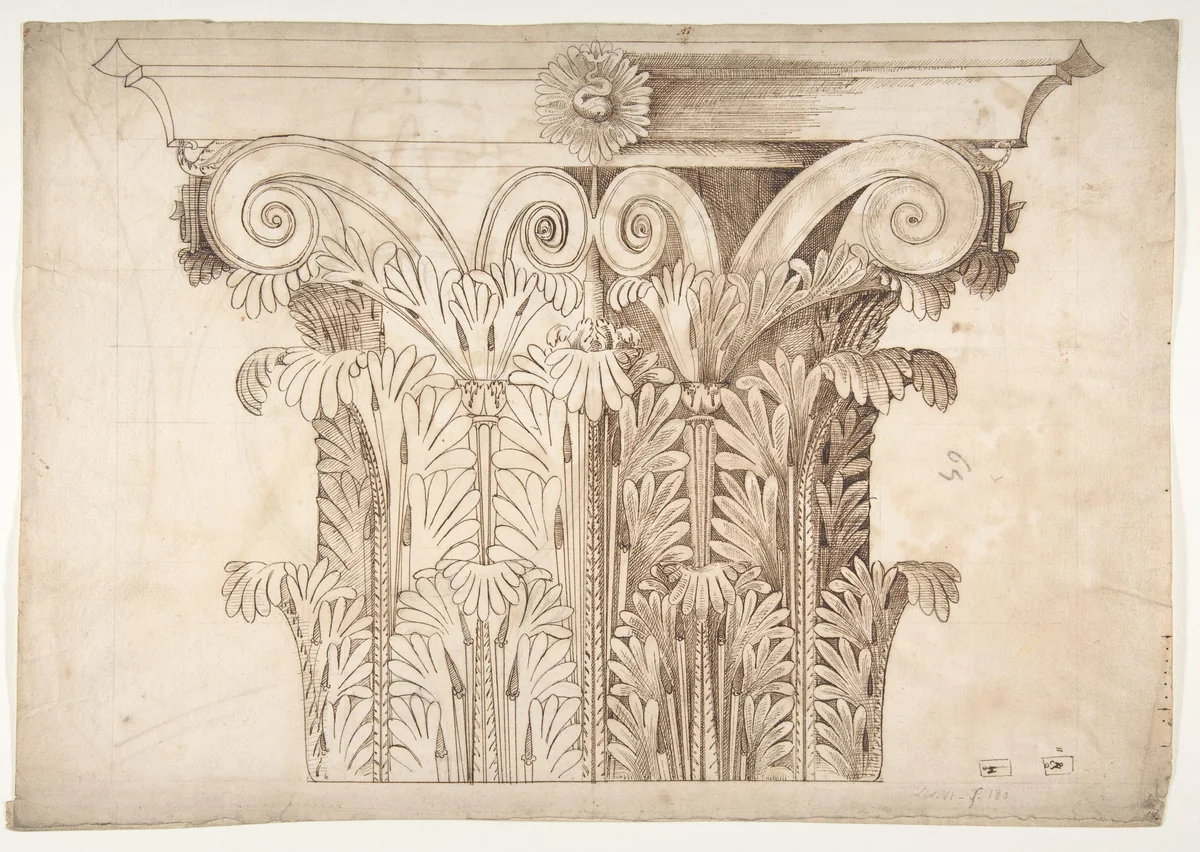 Unknown, Corinthian capital, elevation (recto) Unknown, Corinthian capital, plan diagram and detail (verso) by anonymous, drawing, 1540-1560
