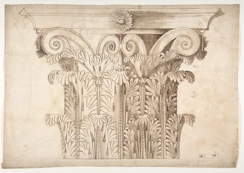Unknown, Corinthian capital, elevation (recto) Unknown, Corinthian capital, plan diagram and detail (verso) by anonymous, drawing, 1540-1560