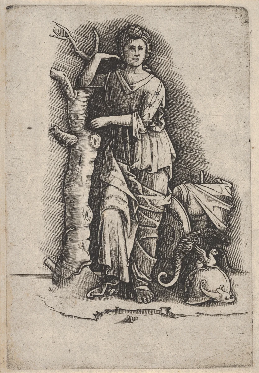 Victory or Minerva, helmet on the groud to the right by Nicoletto da Modena, print, 1500-1510