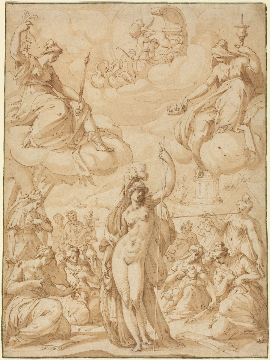 Allegory of Minerva as the Head of the Muses by Hans Speckaert, drawing, 1575