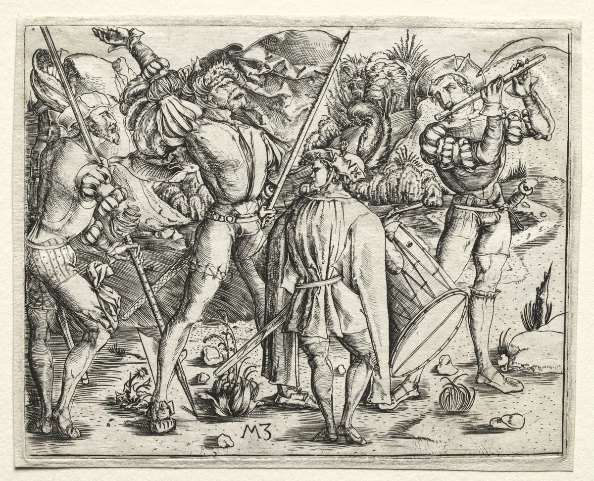 Four Soldiers and Military Band by Master MZ, print, 1500-1503