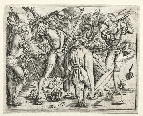 Four Soldiers and Military Band by Master MZ, print, 1500-1503