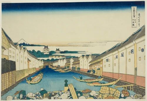 Nihonbashi Bridge in Edo (Edo Nihonbashi), from the series "Thirty-six Views of Mount Fuji (Fugaku sanjurokkei)" by Katsushika Hokusai (葛飾 北斎), print, 1825-1838