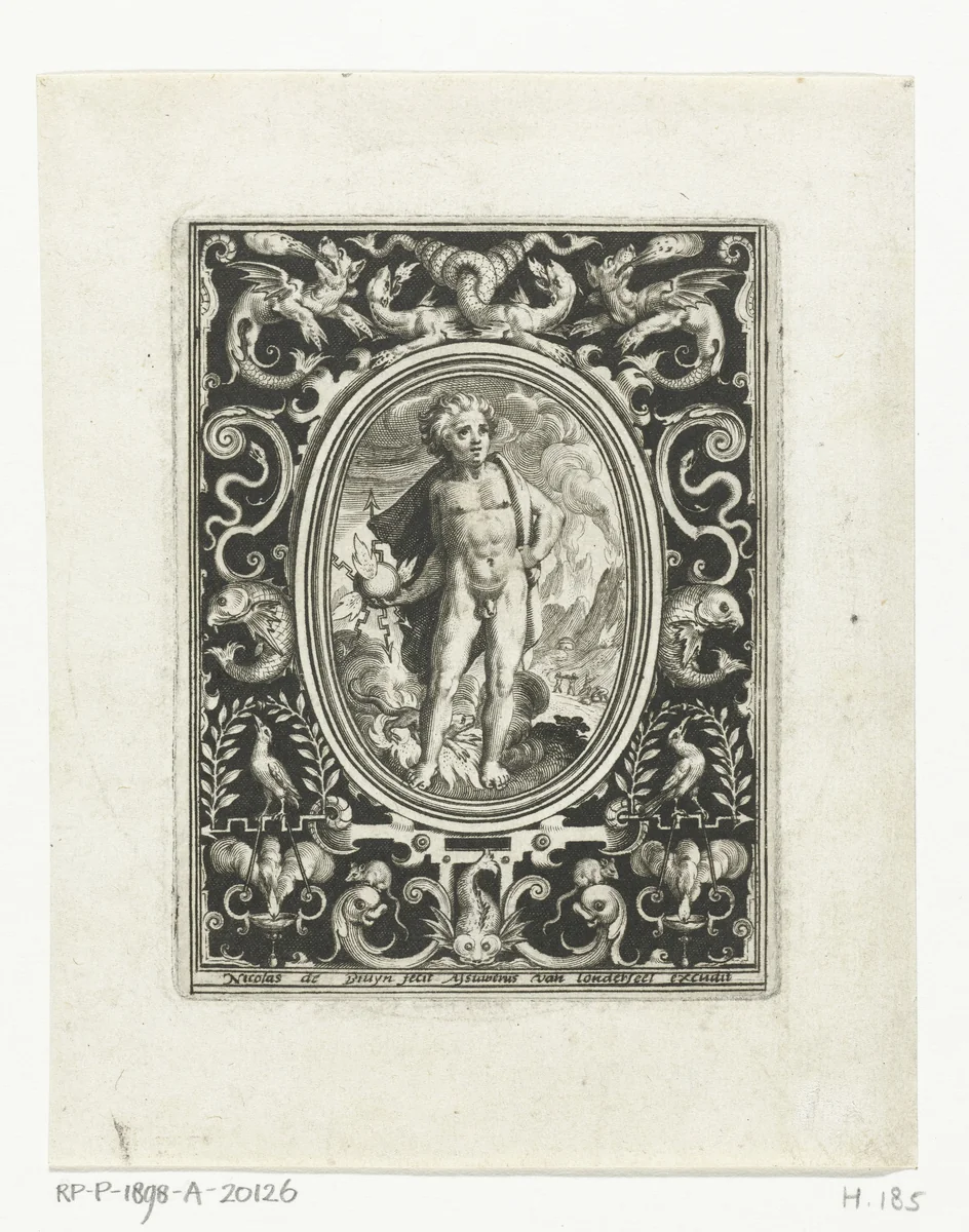Element vuur als jonge man met bliksemschicht in omlijsting met ornamenten by Unknown, print, 1582-1635