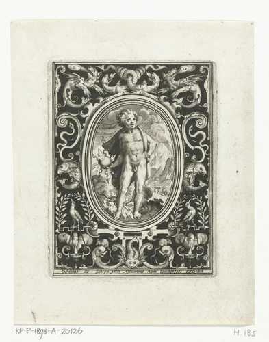 Element vuur als jonge man met bliksemschicht in omlijsting met ornamenten by Unknown, print, 1582-1635