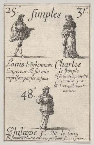Louis le debonnaire... Charles le Simple, from "Game of the Kings of France" (Jeu des Rois de France) by Stefano della Bella, print, 1644