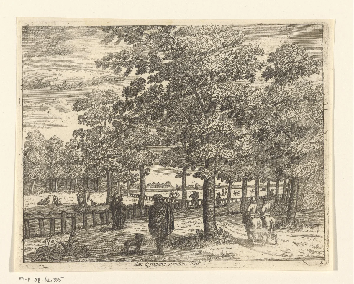 Wandelende figuren langs bomenrijen by anonymous, print, 1690