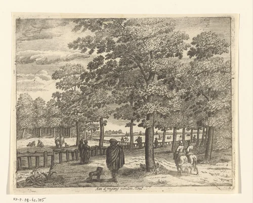 Wandelende figuren langs bomenrijen by anonymous, print, 1690