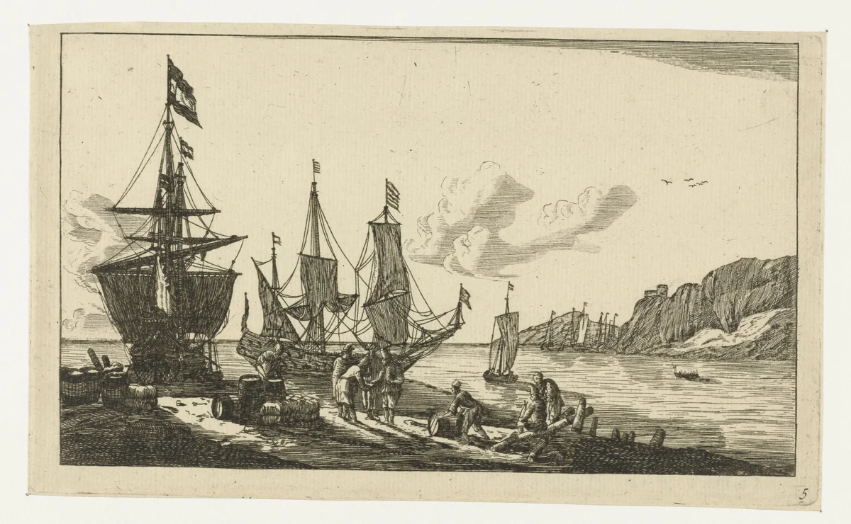 Haven met zeilschepen en zeelieden op de kade by anonymous, print, 1656-1714