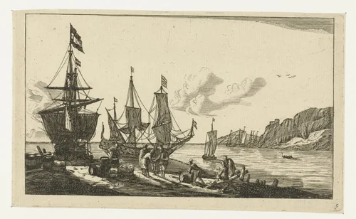 Haven met zeilschepen en zeelieden op de kade by anonymous, print, 1656-1714