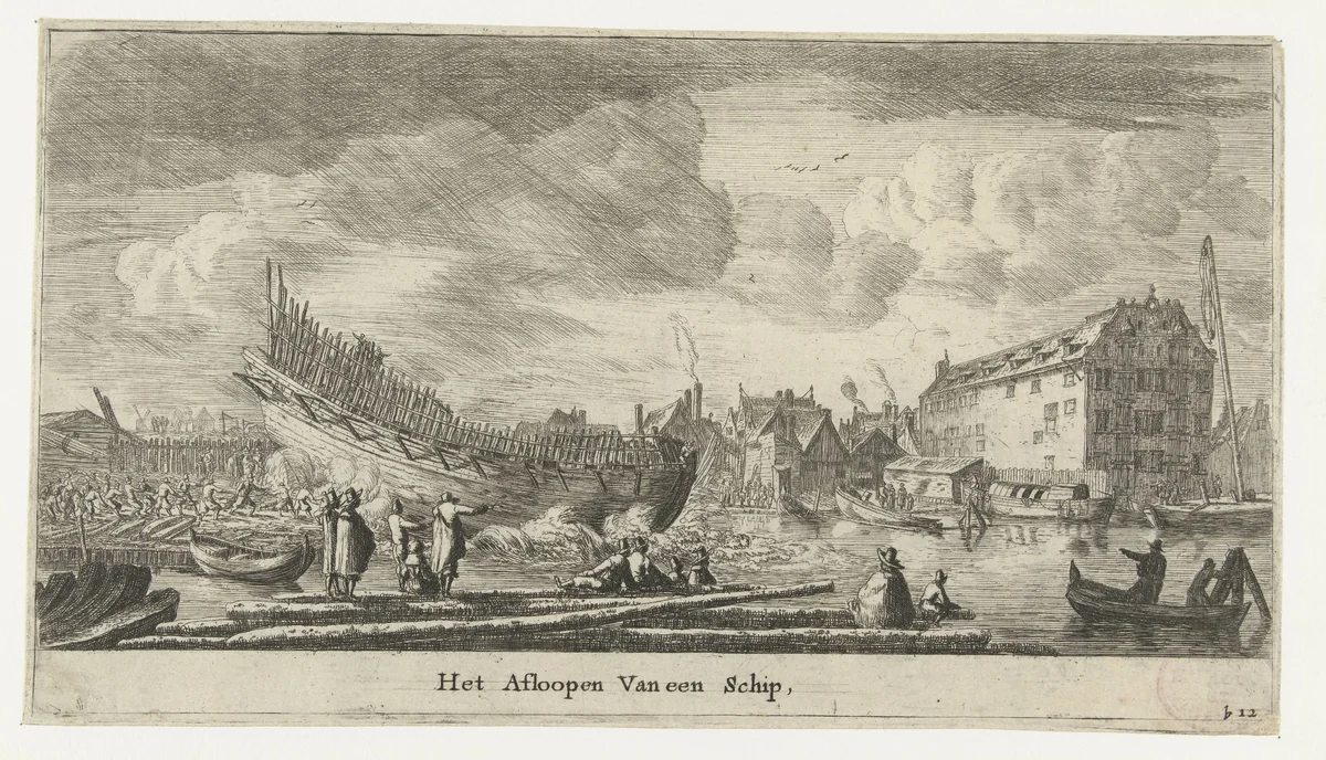 Tewaterlating van een schip by Reinier Nooms, print, 1652-1654