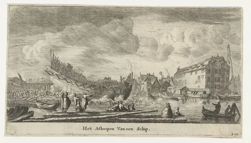 Tewaterlating van een schip by Reinier Nooms, print, 1652-1654