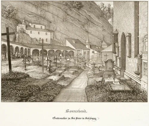 Saturday: Graveyard of St. Peter's in Salzburg by Ferdinand Olivier, print, 1823