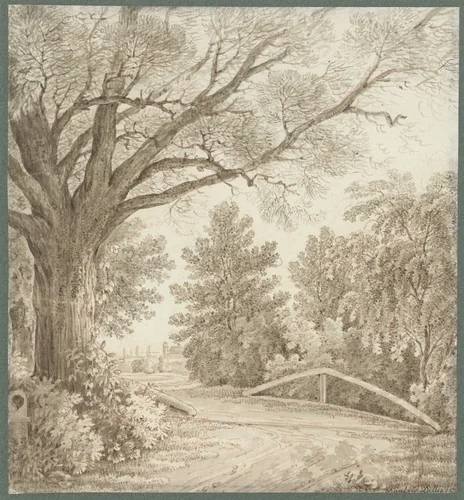 Landweg over eenvoudige brug bij zware boom by Cantius Dillis, drawing, 1790-1799