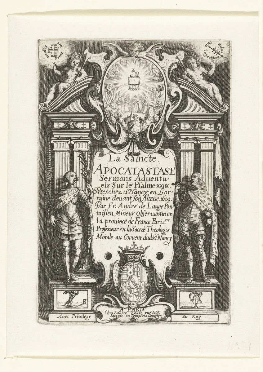 Titelblad voor André de l'Auges 'La Saincte Apocatastase' by Jacques Callot, print, 1619-1623