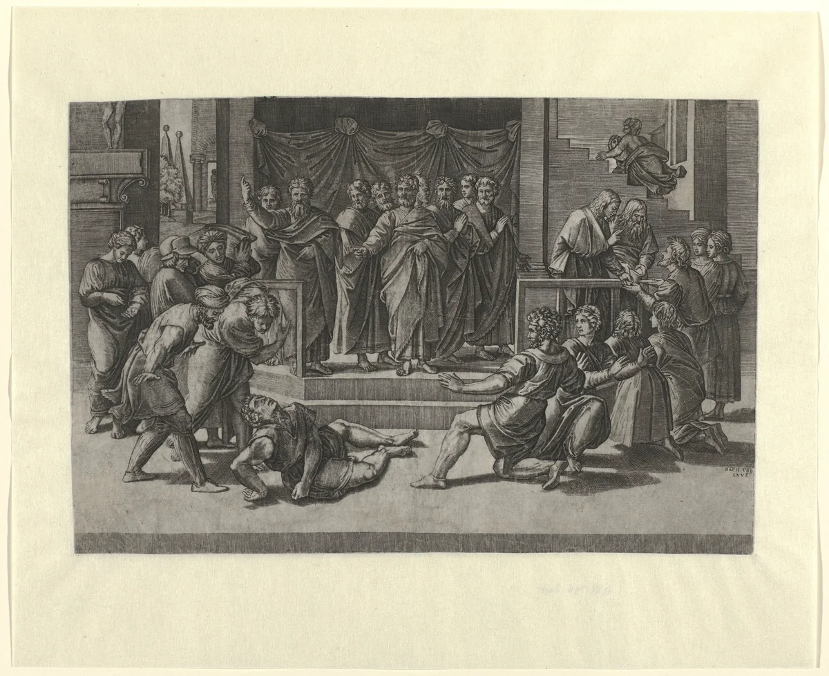 Dood van Ananias by Agostino Veneziano, print, 1516-1536