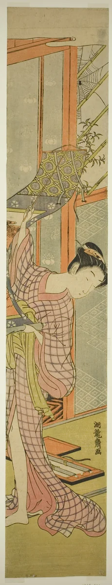Young Woman Hanging a Painting by Isoda Koryusai, print, 1766-1776