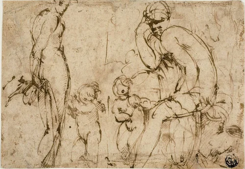 Venus and Mars with Putti (recto); Bearded Man Moving to Right (verso) by Francesco Mazzola, drawing, 1545-1555