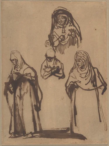 Study Sheet with Three Women and a Boy by Rembrandt van Rijn, drawing, 1633-1644