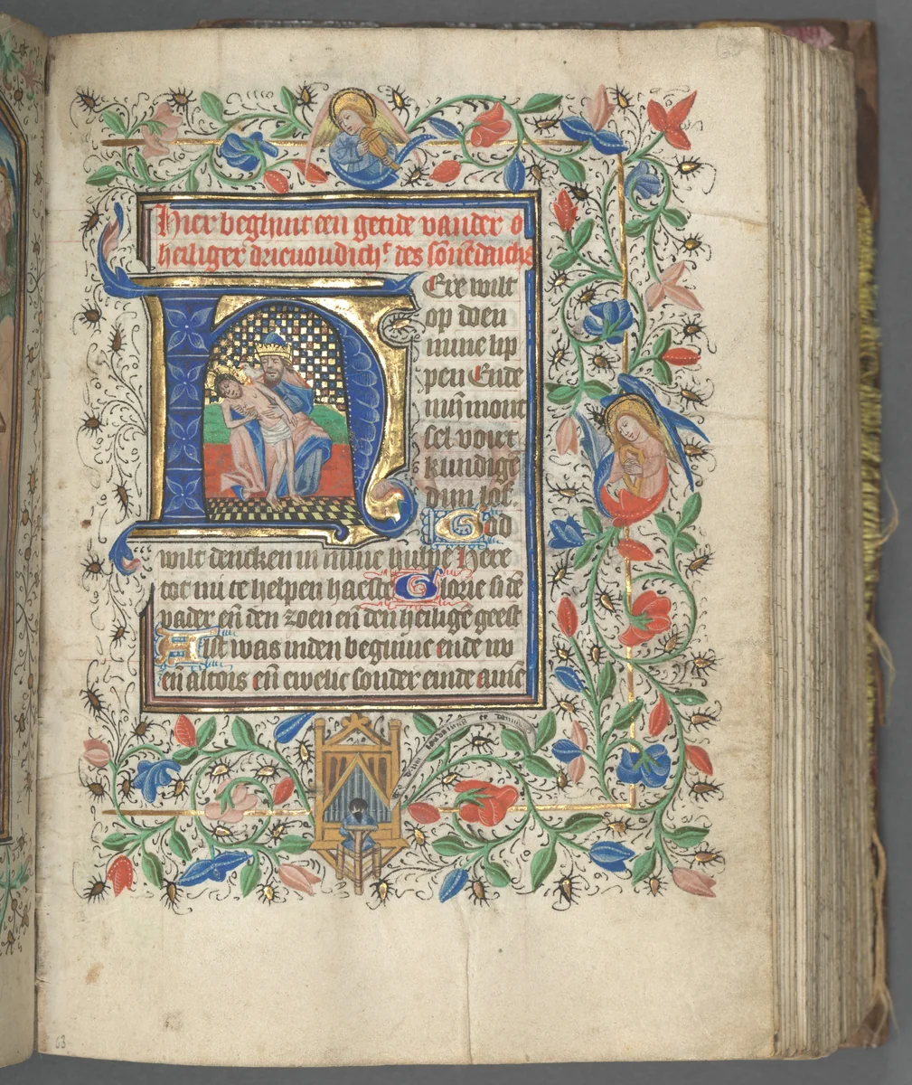 Book of Hours (Use of Utrecht): fol. 63r, Initial with Holy Trinity by Master of Gijsbrecht van Brederode, book, 1460-1465
