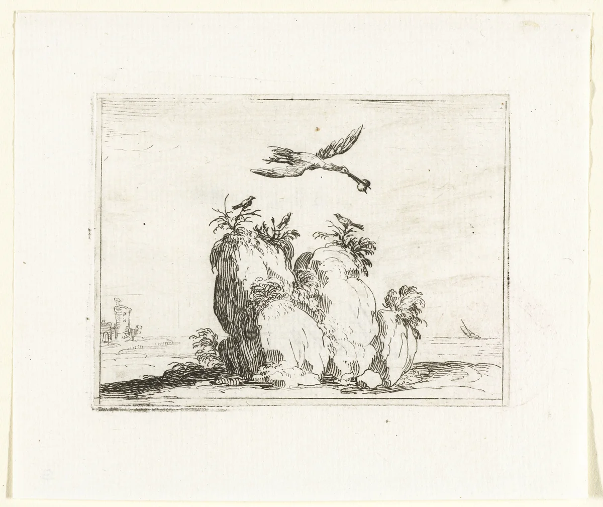 Kraanvogel met een steen in de snavel by Jacques Callot, print, 1621-1635