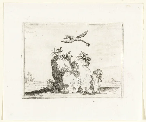 Kraanvogel met een steen in de snavel by Jacques Callot, print, 1621-1635