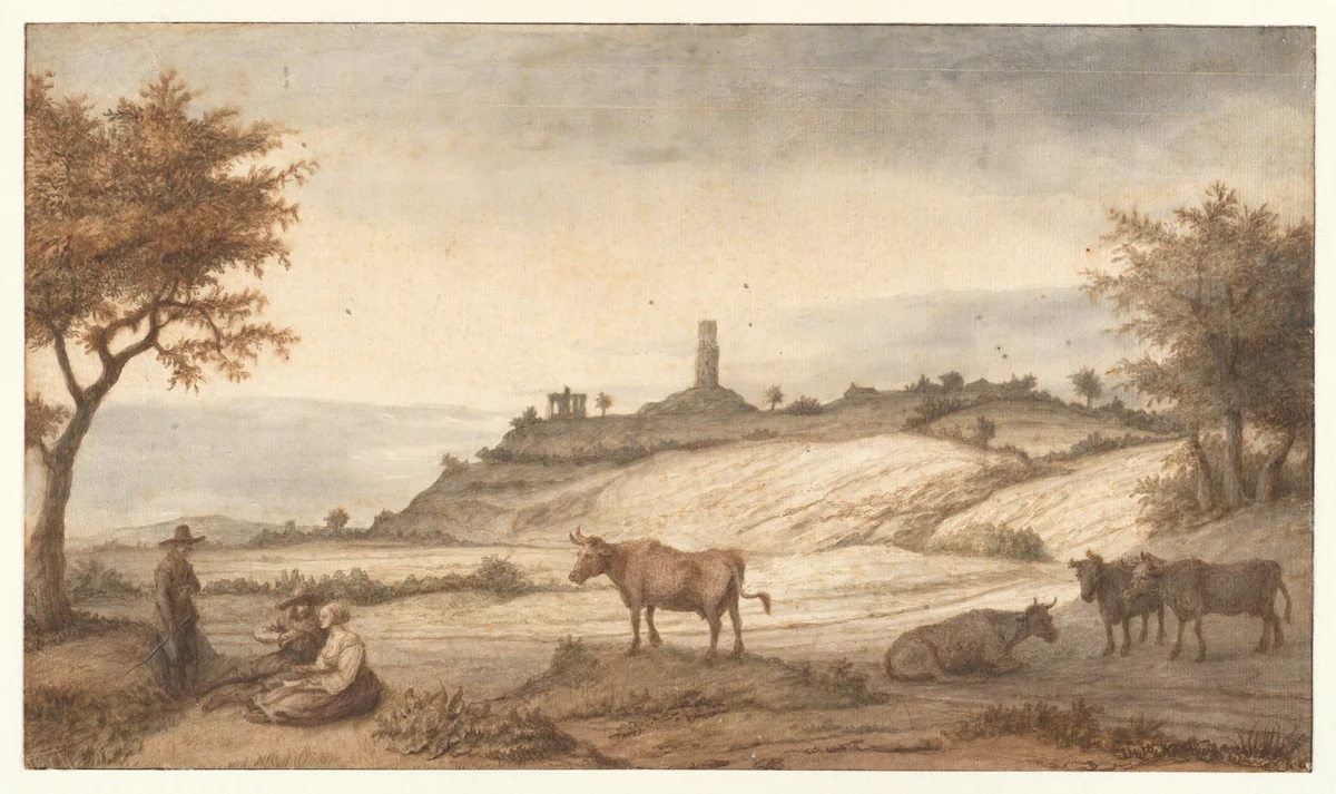 The Monterberg Seen from Kalkar by Lambert Doomer, drawing, 1663-1675