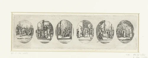 Zes Passiescènes: Kruisdraging, Christus aan het volk getoond (Ecce homo), Doornenkroning, Geseling, Christus voor Pilatus, Gevangenneming by Jacques Callot, print, 1631