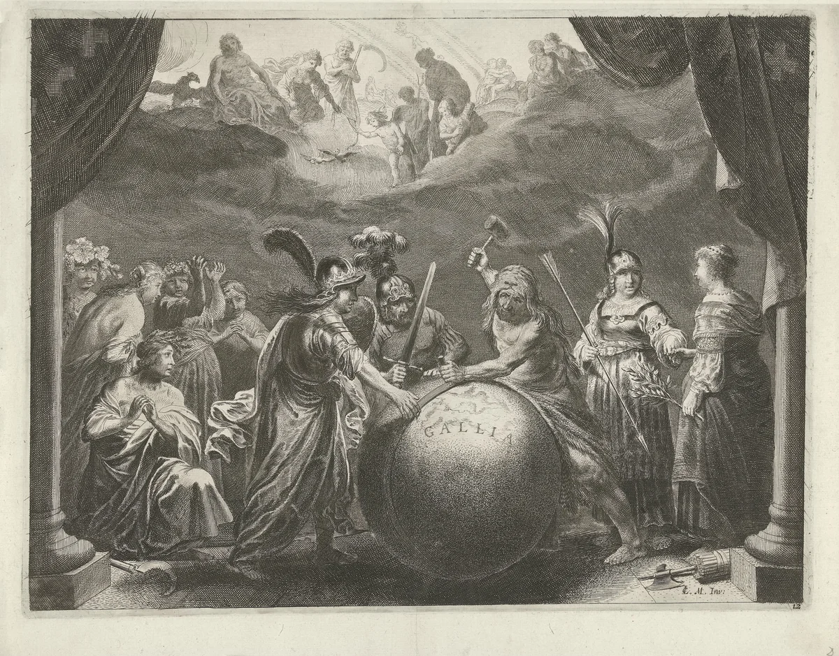 Hercules smeedt het gespleten Franse Rijk tot een eenheid by Pieter Nolpe, print, 1638