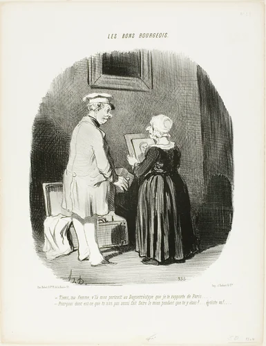 “- Here, my wife, is my daguerreotype portrait which I brought back for you from Paris... - Why didn't you have mine done while you were there... get lost, you egotist!,” plate 28 from Les Bons Bourgeois by Honoré-Victorin Daumier, print, 1846