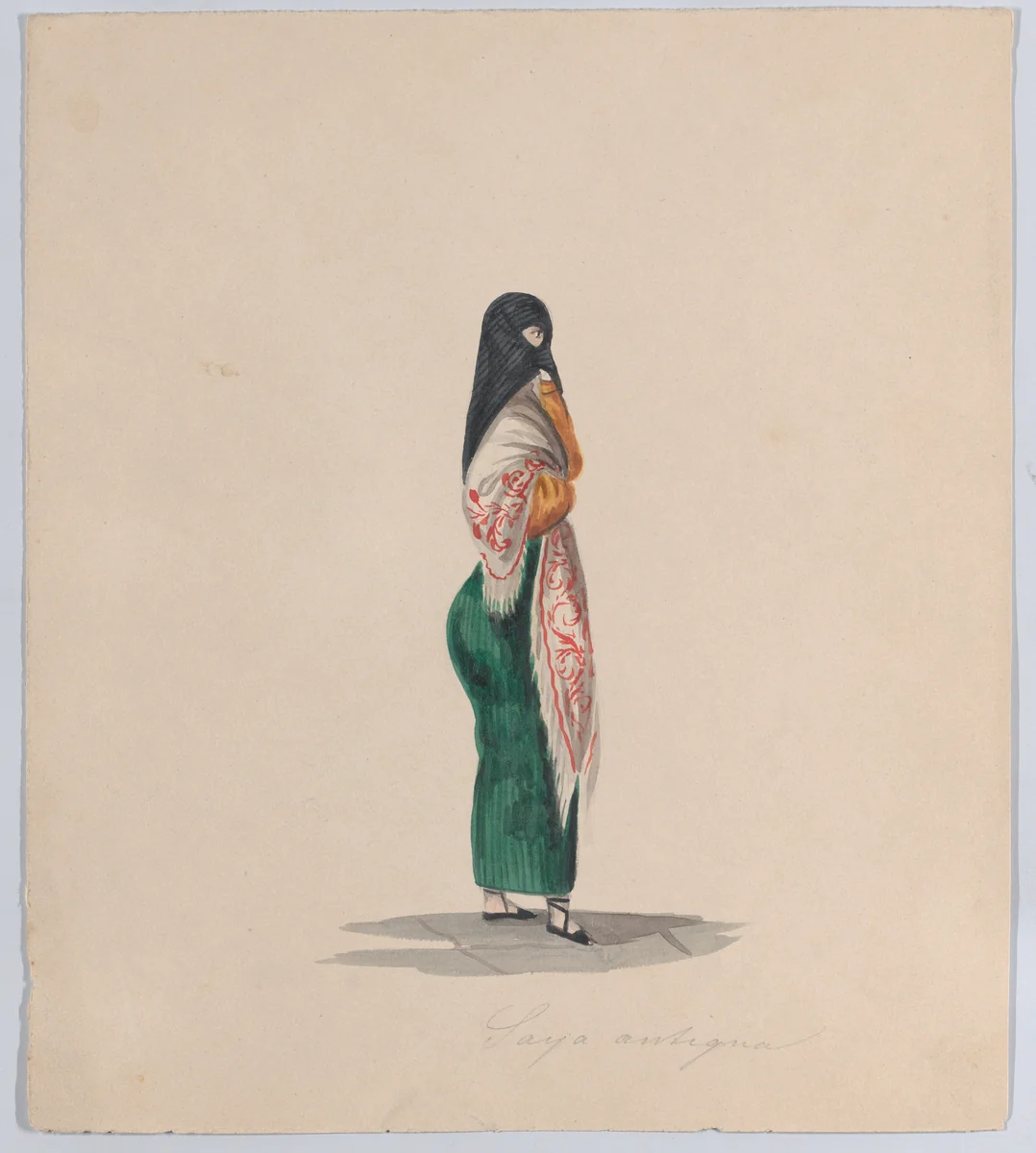 A woman wearing the saya standing in profile, from a group of drawings depicting Peruvian dress by Francisco Fierro, drawing, 1843-1853