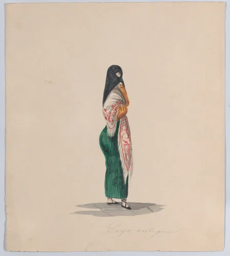 A woman wearing the saya standing in profile, from a group of drawings depicting Peruvian dress by Francisco Fierro, drawing, 1843-1853