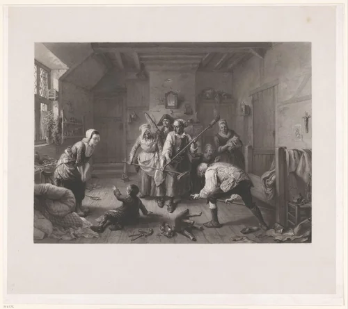 Jacht op een rat door een groep mensen in een interieur by Jean-Baptiste Meunier, print, 1831-1900