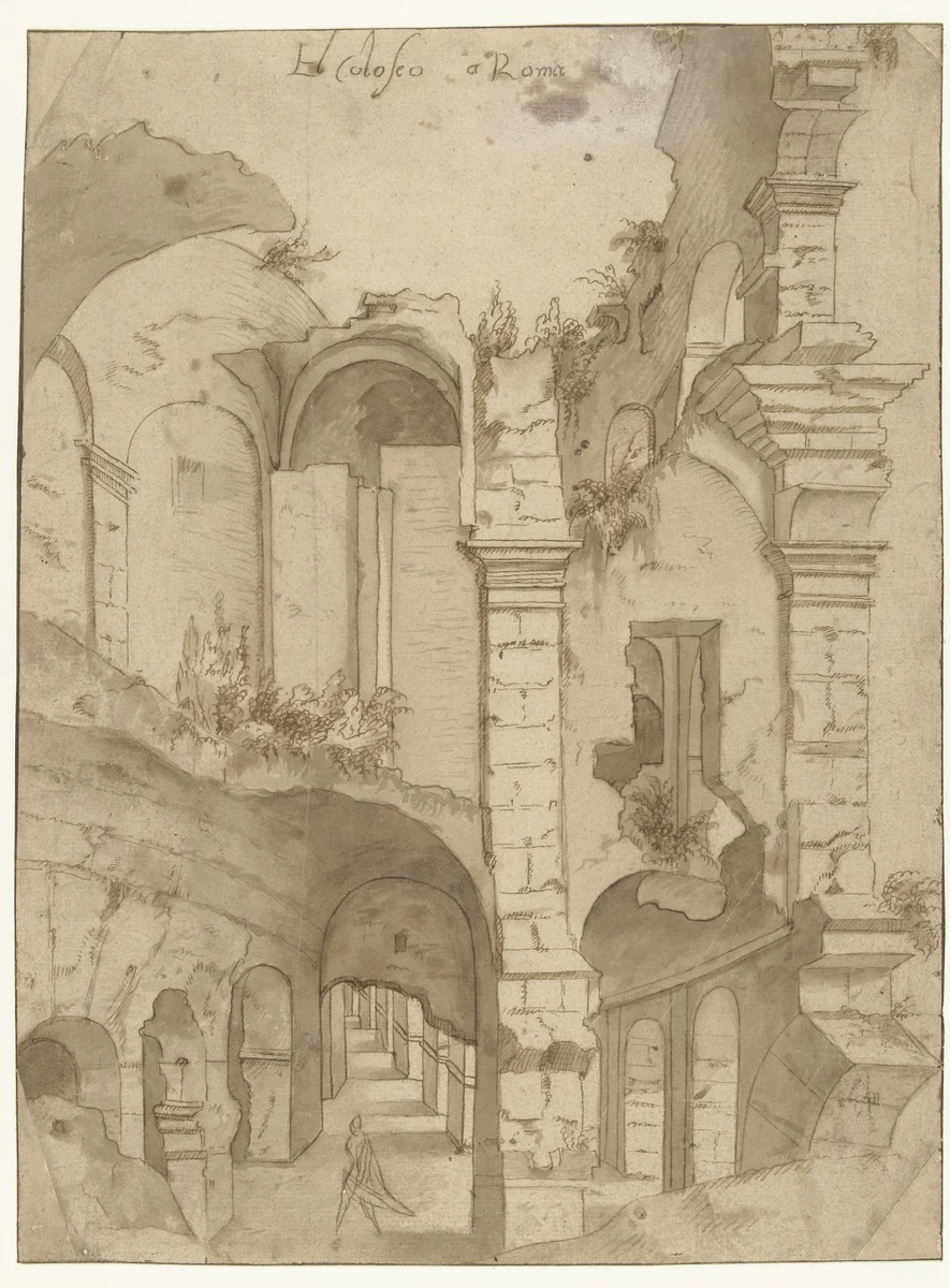 Gezicht op Colosseum te Rome by anonymous, drawing, 1536-1586