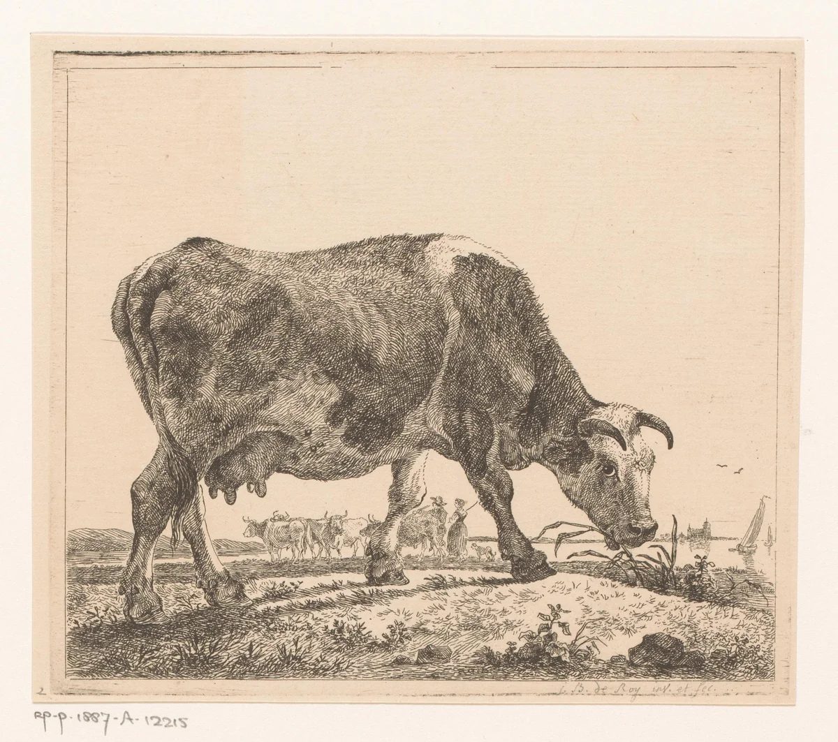 Grazende koe bij een rivier by Jean Baptiste de Roy, print, 1769-1839