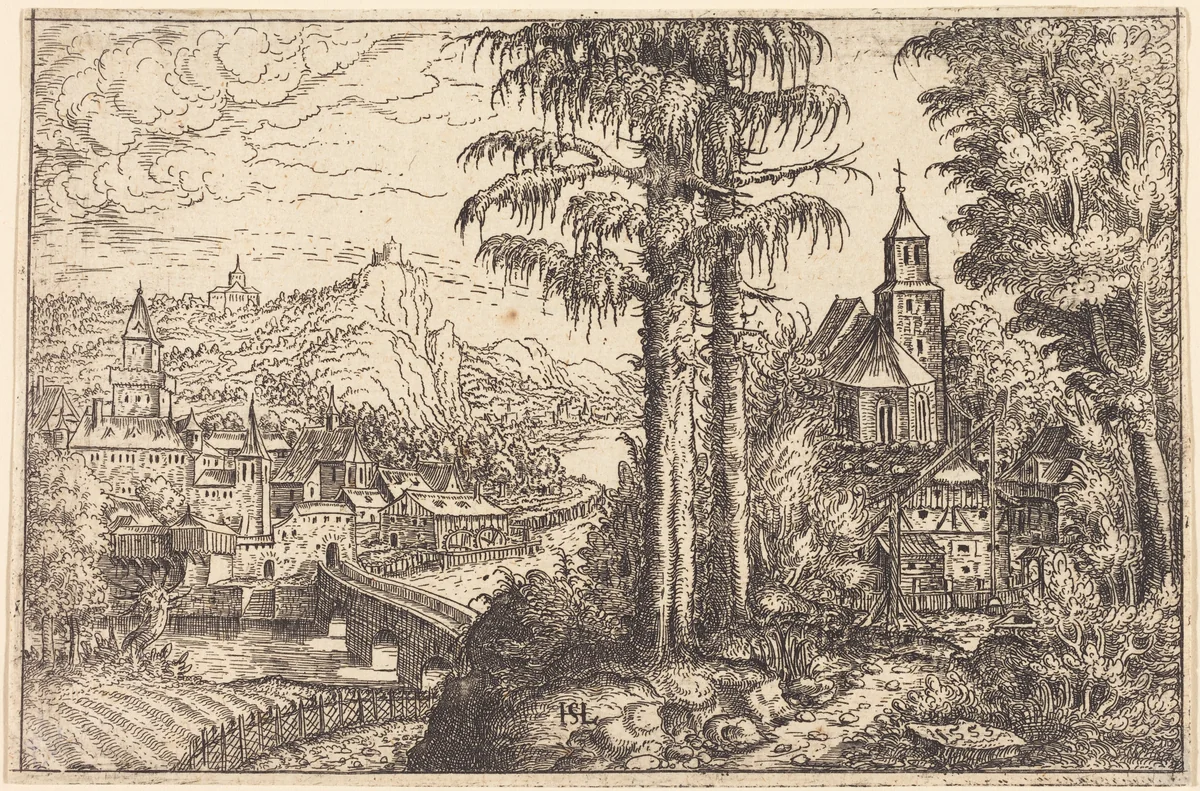 View of a Town near a River with a Church on the Right by Hanns Lautensack, print, 1553