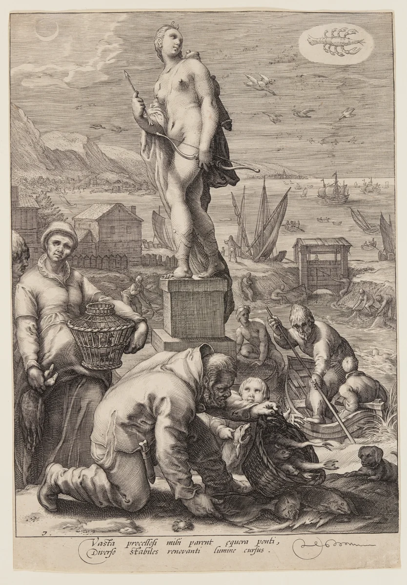 Diana Presiding over Navigation and Fishing, from Seven Planetary Gods by Jan Saenredam, print, 1596