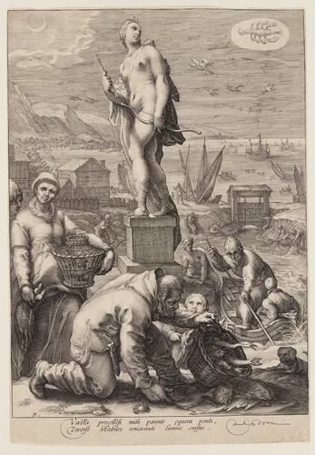 Diana Presiding over Navigation and Fishing, from Seven Planetary Gods by Jan Saenredam, print, 1596