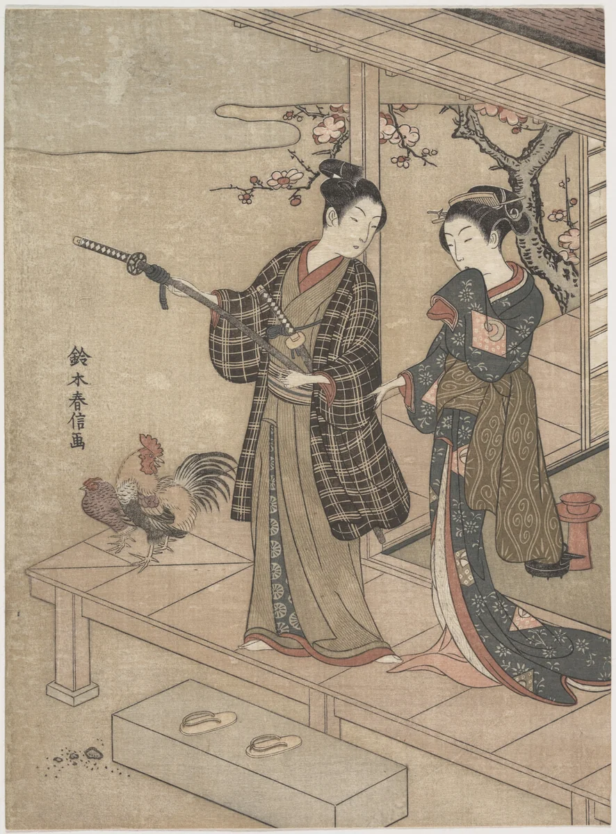 Gentleman Taking Leave of His Lady on a Veranda by Suzuki Harunobu (鈴木春信), print, 1725-1770