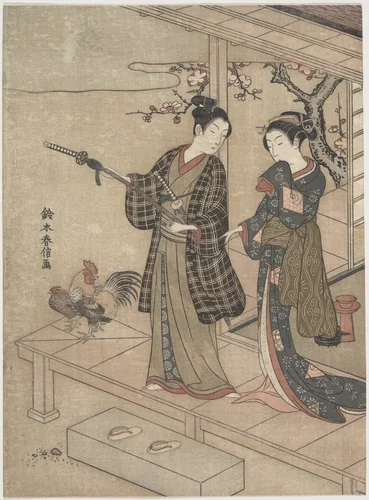 Gentleman Taking Leave of His Lady on a Veranda by Suzuki Harunobu (鈴木春信), print, 1725-1770