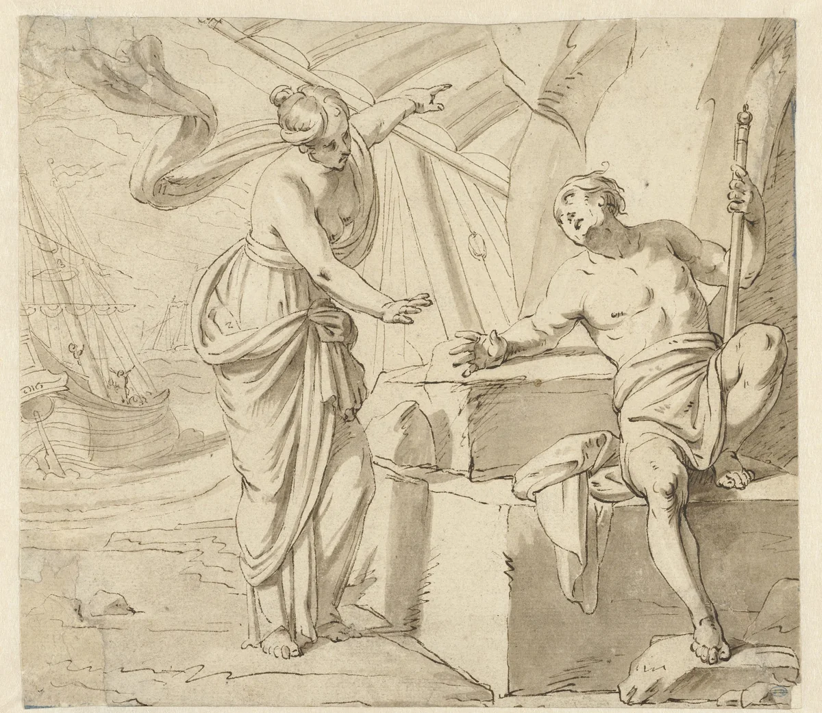 Minerva verschijnt aan Odysseus by anonymous, drawing, 1600-1699