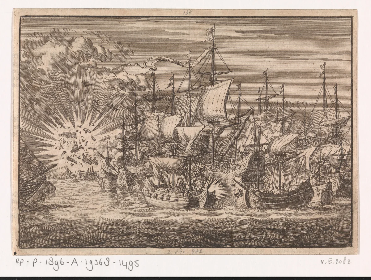 Strijd van vijf Zeeuwse kapers tegen acht Portugese oorlogsschepen voor de kust van Brazilië, 1657 by Jan Luyken, print, 1698