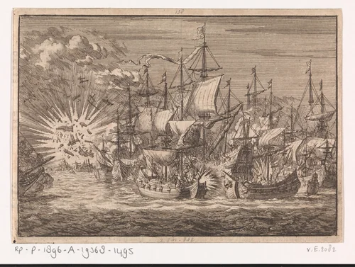 Strijd van vijf Zeeuwse kapers tegen acht Portugese oorlogsschepen voor de kust van Brazilië, 1657 by Jan Luyken, print, 1698
