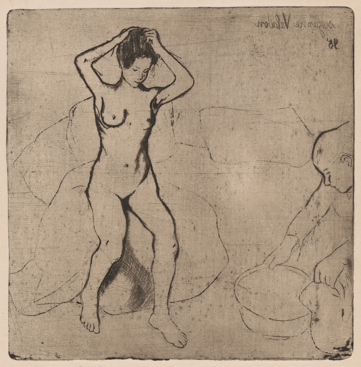 Catherine prépare le tub et Louise nue se coiffe (Catherine Prepares the Bath and Louise, Nude, Fixes her Hair) by Suzanne Valadon, print, 1895