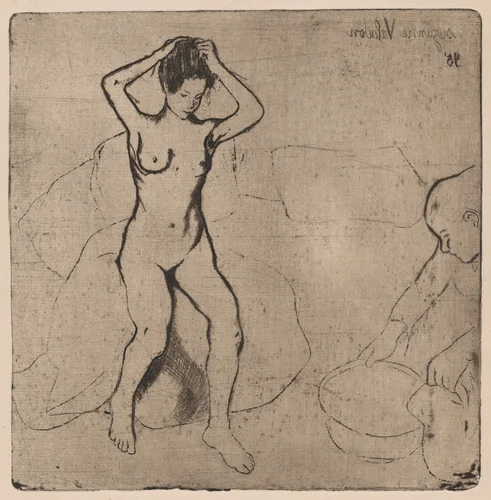 Catherine prépare le tub et Louise nue se coiffe (Catherine Prepares the Bath and Louise, Nude, Fixes her Hair) by Suzanne Valadon, print, 1895