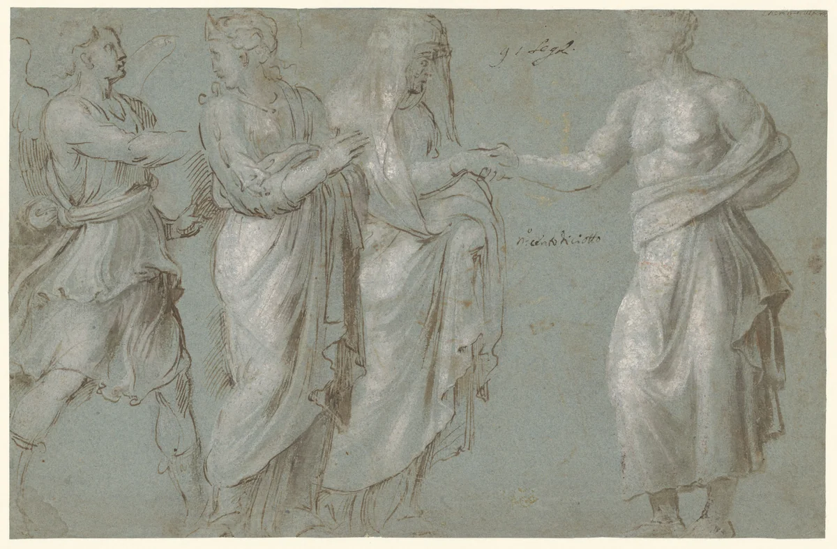 A Winged Figure, two Women, and a Man by Biagio Pupini, drawing, 1500-1570