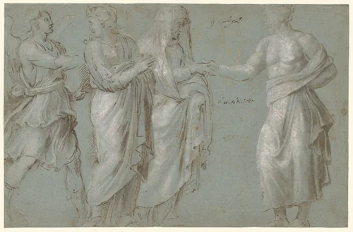 A Winged Figure, two Women, and a Man by Biagio Pupini, drawing, 1500-1570