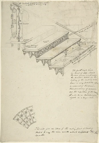 Drawing for an iron stairway with marble treads by anonymous, drawing, 1800-1900