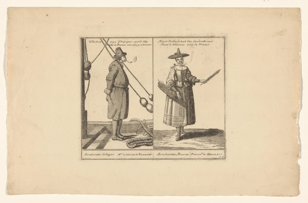Een Brabantse schipper en een Brabantse boerin by Abraham Allard, print, 1676-1725